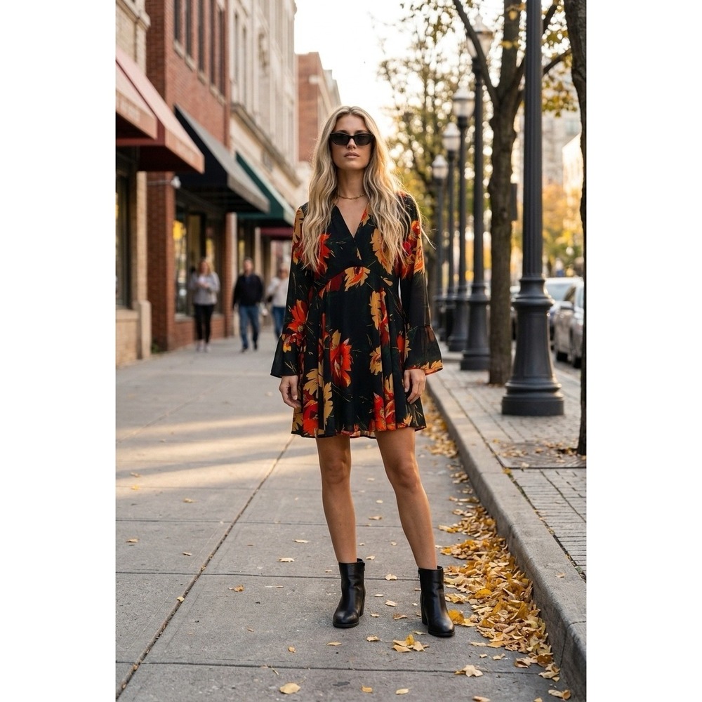 Umgee Floral V-Neck Mini Dress Black Orange Bell Sleeve Boho G1866 Small